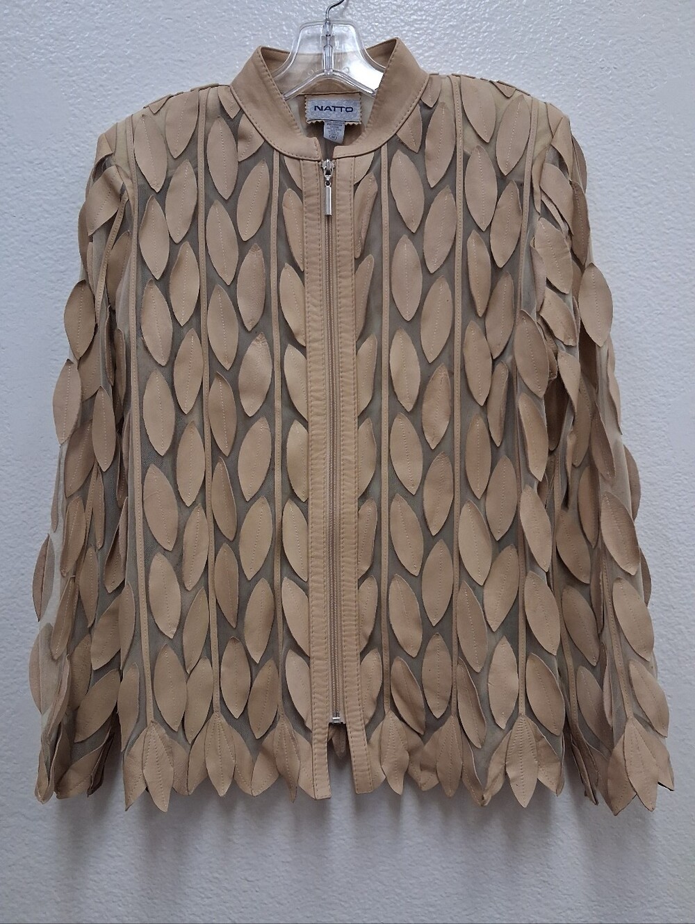 Natto Womens Tan Leather Leaf Mesh Jacket  3D Applique Size Medium